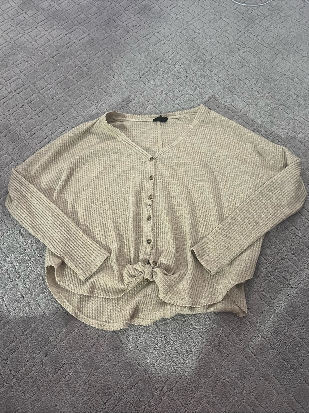 Beige Waffle-Knit Button Front Top